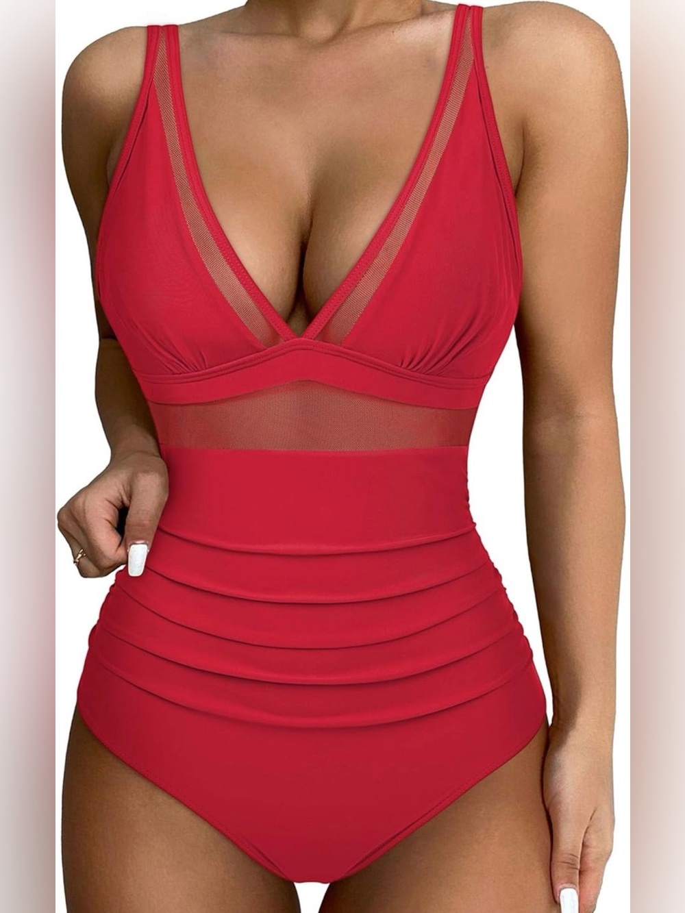 Women’s Red Mesh-Panel One-Piece Swimsuit